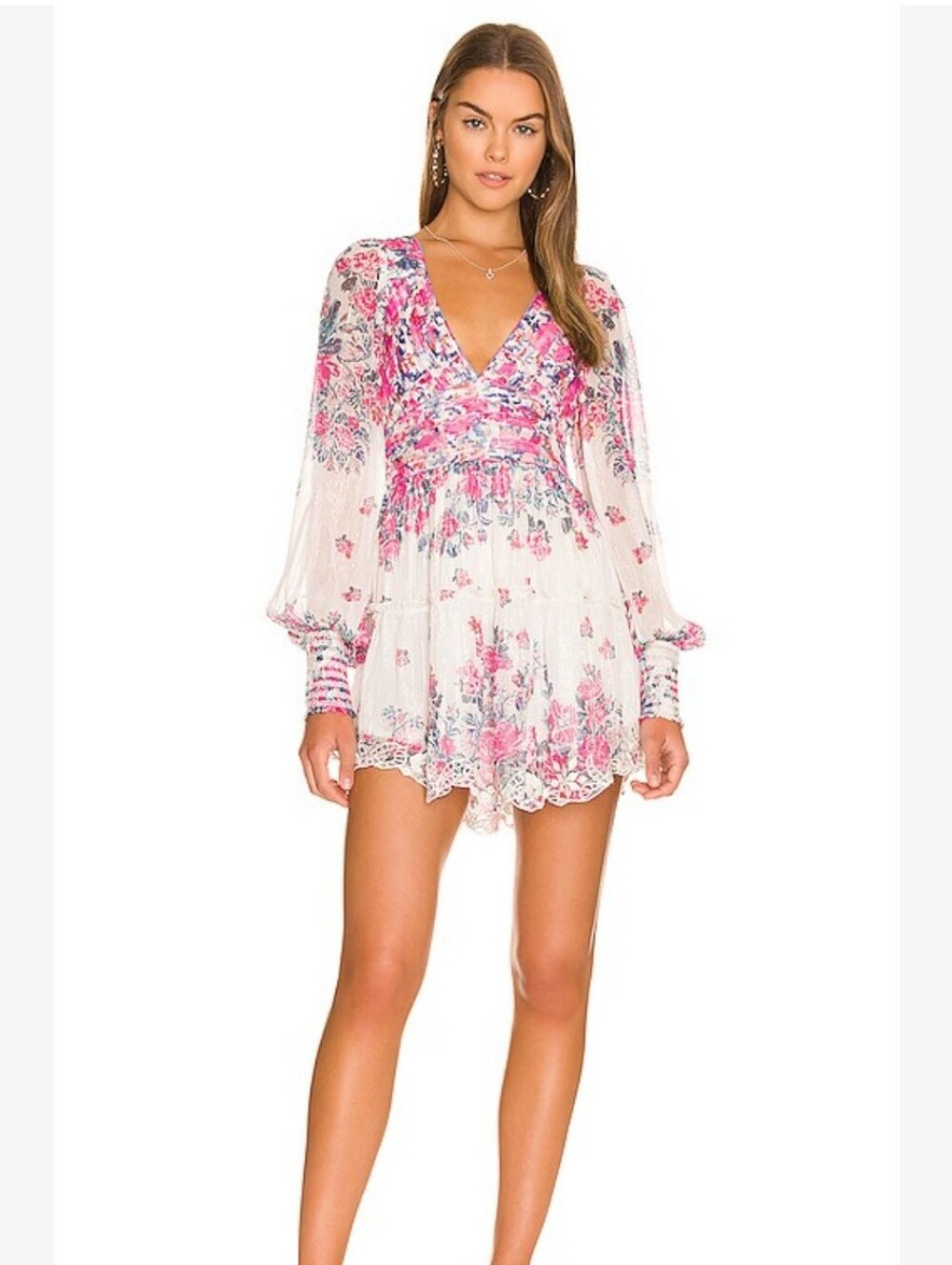 HEMANT & NANDITA Pink and Cream Floral Plissé V-Neck Mini Dress